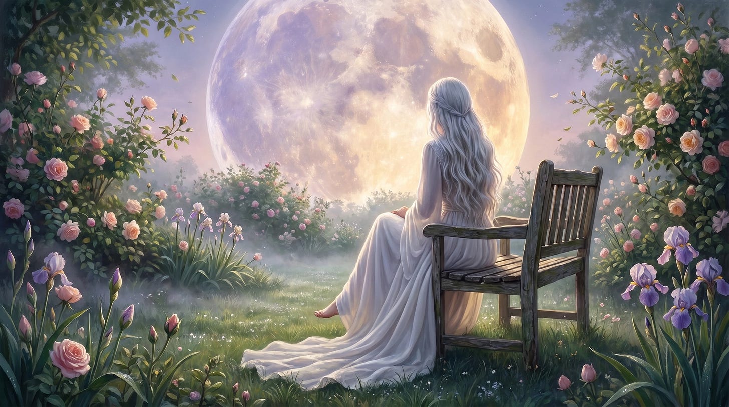 Une femme en robe blanche, assise de dos sur un banc dans un jardin de roses et d’iris, contemple une immense pleine lune dans une atmosphère douce et brumeuse.