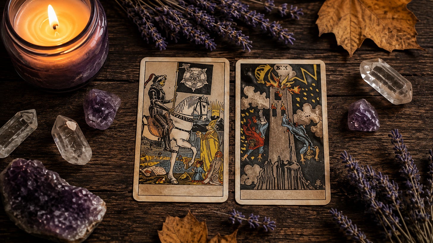 Two tarot cards side by side on dark wood, framed by dried lavender, amethyst and a fallen autumn leaf.