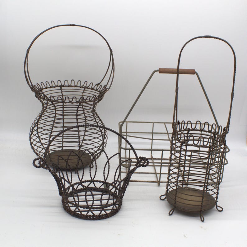 VINTAGE WIRE BASKET metal egg flower gathering milk bottle display baskets primitive cottage core decor choice of one image 9