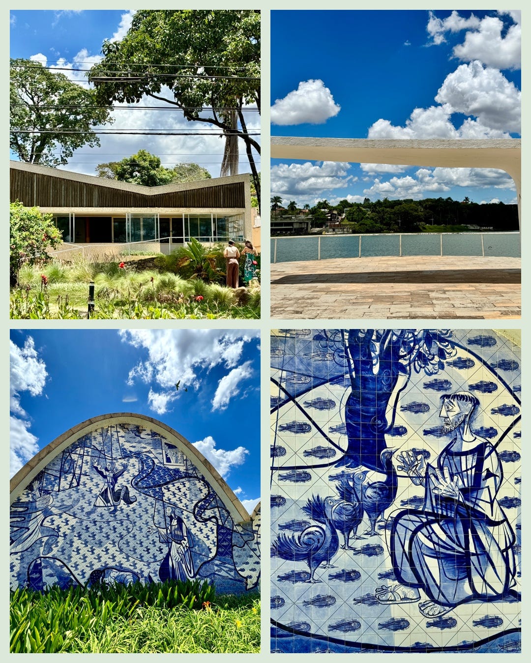 Obras de Oscar Niemeyer en Pampulha: casa de Juscelino Kubitscheck con tejado en V, mirador hacia laguna artificial e iglesia de San Francisco de Asís. En la s dos fotos inferiores, parte posterior de la misma recreando pinturas con azulejos azules y blancos. Obras de Oscar Niemeyer en Pampulha: casa de Juscelino Kubitscheck con tejado en V, mirador hacia laguna artificial e iglesia de San Francisco de Asís. En la s dos fotos inferiores, parte posterior de la misma recreando pinturas con azulejos azules y blancos.