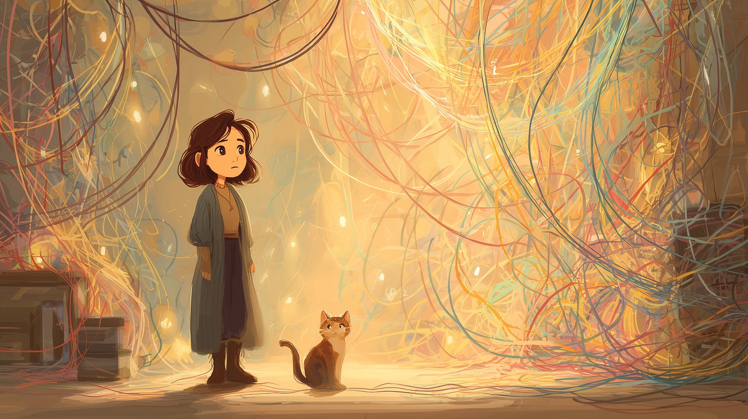 a creative person and her cat surrounded by chaotic threads of creativity