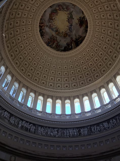 Nine images from a trip to the U.S. Capitol. Picture #1: a woman and a man walking through the halls of Congress. Picture #2 The Capitol rotunda. Picture #3: A woman and a man admiring art on a wall. Picture #4: Memoir coach Christine Wolf in the National Archives. Picture #5 a sign in an elevator of the House of Representatives, Picture #6: a man walking through a hallway. Picture #7 a view of the capitol from a window. Picture #8 Two elevator doors. Picture #9: a hallway with ornate ceilings.