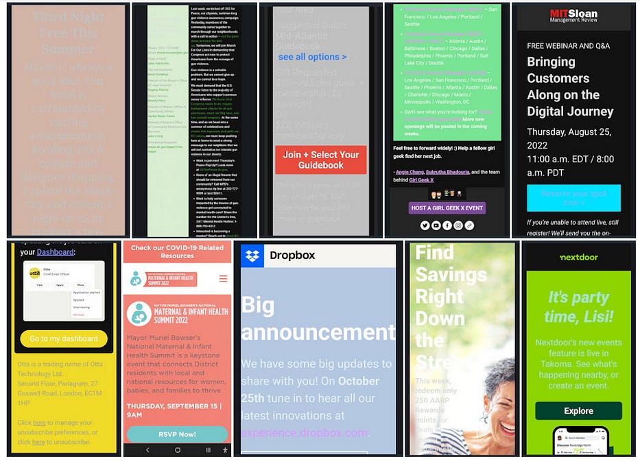 A collage of 10 phone sized screenshots that show terrible color contrast in dark mode. Much of the content is unreadable.
