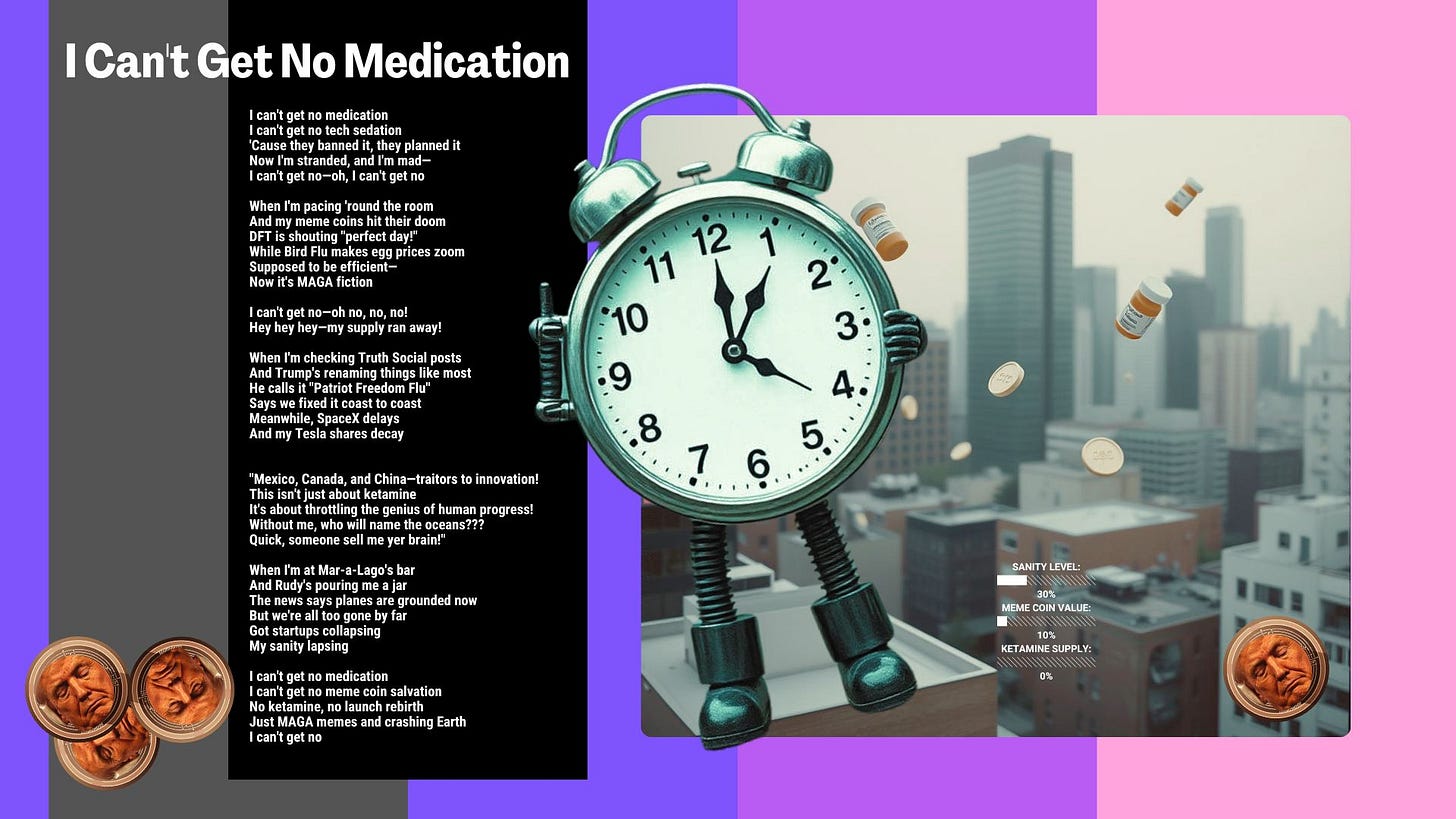 Lyric sheet for "I Can't Get No Medication" featuring a walking alarm clock, cityscape with falling medication bottles, and a status bar showing declining sanity levels.