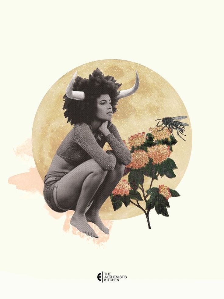 This may contain: a woman sitting on top of a flower next to a plant with a bull's head
