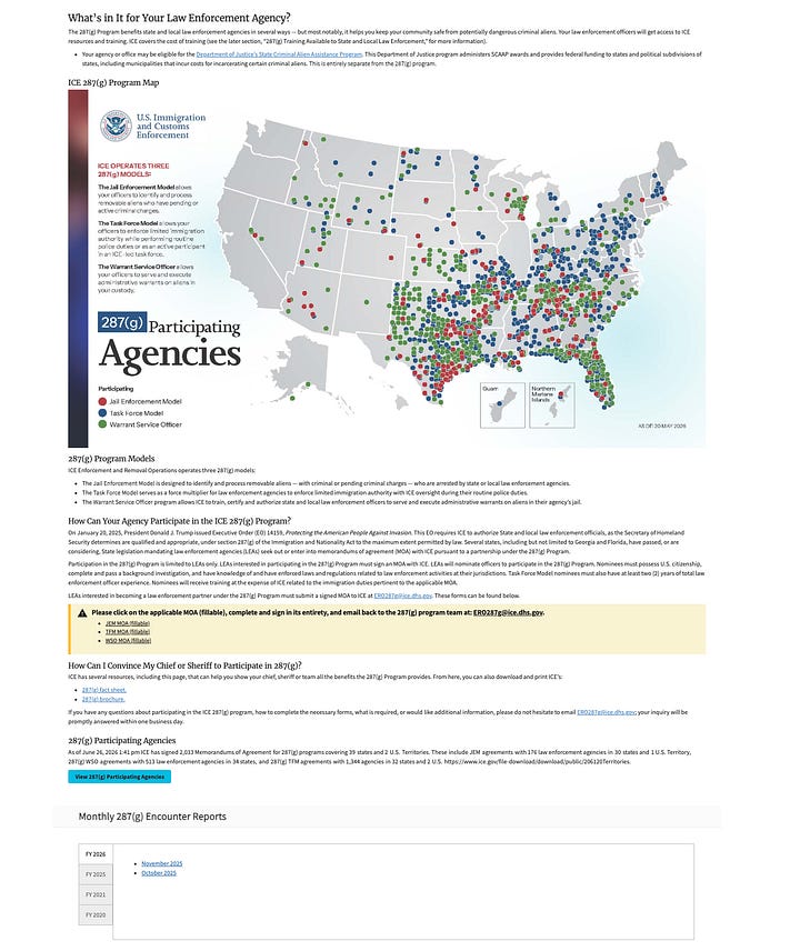 Screenshots comparing the Titus '287(g) Program Tracker' landing page from ICE's program page.