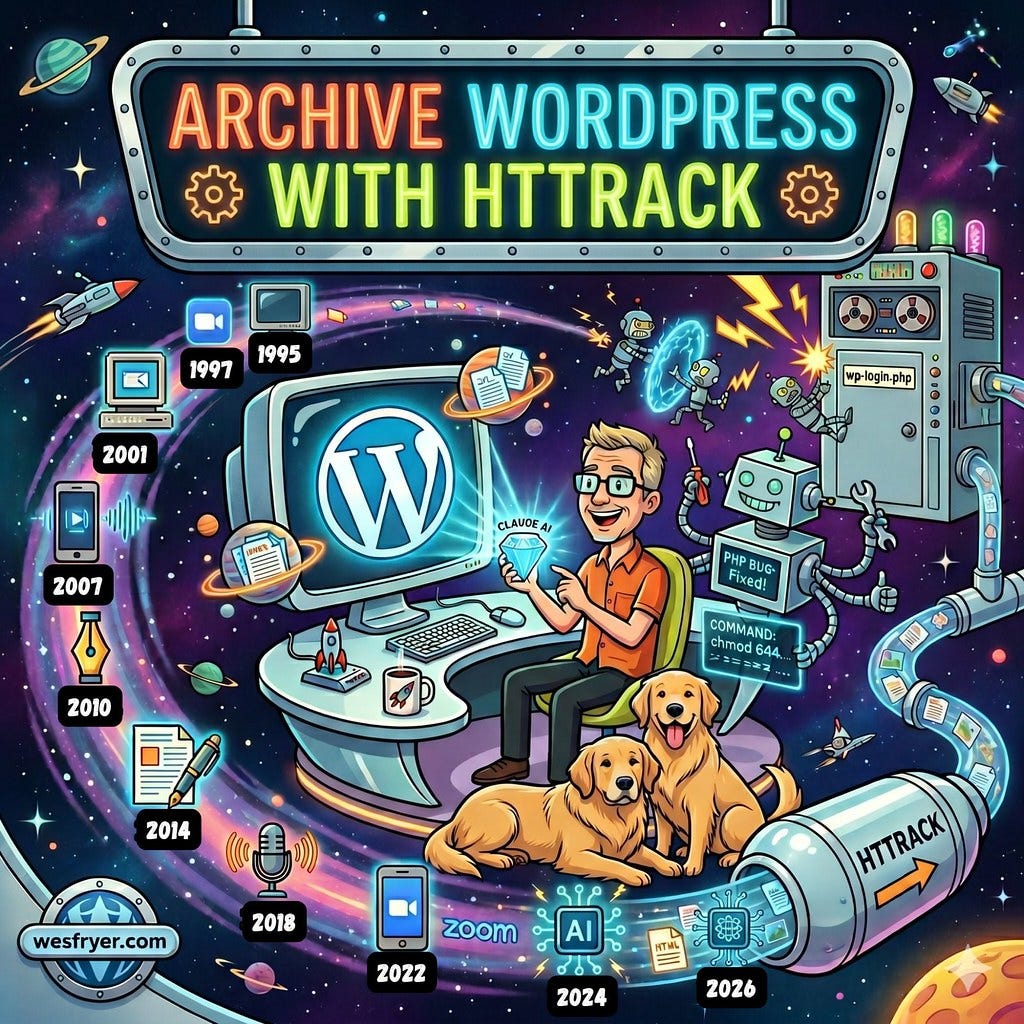 The image archive-thumb.jpg is a vibrant, cartoon-style illustration set in outer space, featuring a large neon sign at the top that reads "ARCHIVE WORDPRESS WITH HTTRACK." In the center, a smiling man with glasses sits at a futuristic desk hosting a computer displaying the WordPress logo, while holding a glowing diamond labeled "Claude AI." Two golden retrievers sit at his feet, and a multi-armed robot stands nearby fixing a "PHP BUG," alongside a complex machine feeding digital assets into a pipe labeled "HTTRACK." A cosmic swirl surrounds the scene, serving as a timeline marked with icons and dates ranging from 1995 to 2026, including milestones for "zoom" and "AI." The image archive-thumb.jpg is a vibrant, cartoon-style illustration set in outer space, featuring a large neon sign at the top that reads "ARCHIVE WORDPRESS WITH HTTRACK." In the center, a smiling man with glasses sits at a futuristic desk hosting a computer displaying the WordPress logo, while holding a glowing diamond labeled "Claude AI." Two golden retrievers sit at his feet, and a multi-armed robot stands nearby fixing a "PHP BUG," alongside a complex machine feeding digital assets into a pipe labeled "HTTRACK." A cosmic swirl surrounds the scene, serving as a timeline marked with icons and dates ranging from 1995 to 2026, including milestones for "zoom" and "AI."