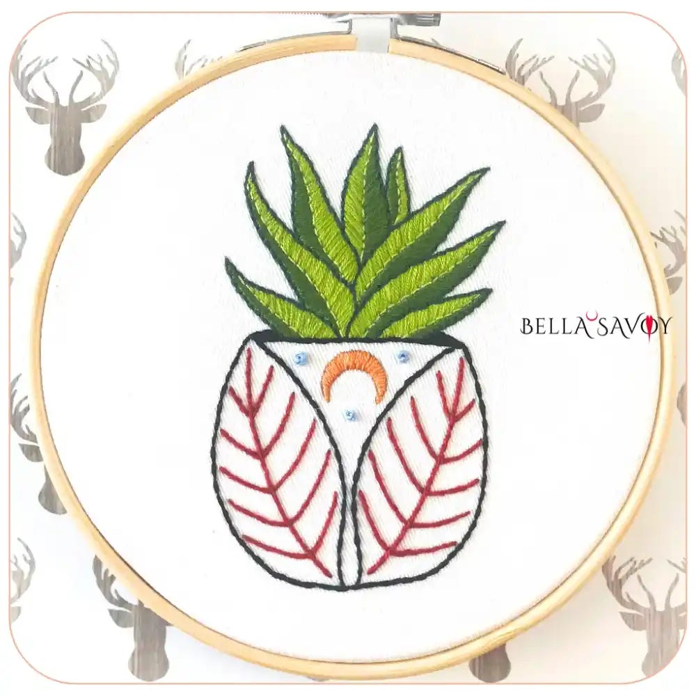 potted succulent plant embroidery pattern on hooped fabric