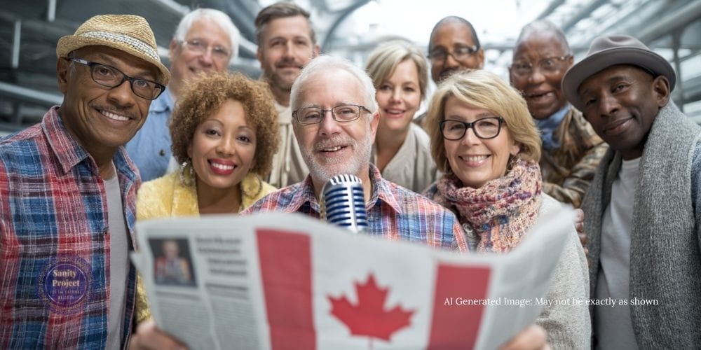 Diverse Canadians gathered around a radio microphone, representing shared ownership of public media. Diverse Canadians gathered around a radio microphone, representing shared ownership of public media.