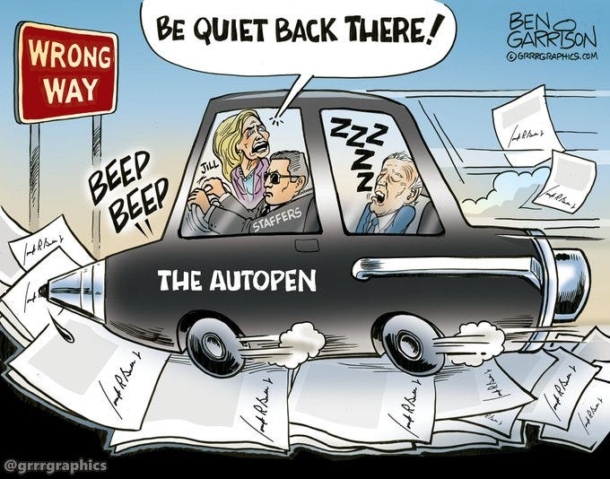 This political cartoon by Ben Garrison depicts a humorous take on the 'Autopen scandal,' where a car labeled 'THE AUTOPEN' is driving through a pile of papers, symbolizing signed documents. Inside the car, a woman is yelling 'BEEP BEEP' while a man sleeps, with a speech bubble saying 'BE QUIET BACK THERE!' The car is heading towards a sign that reads 'WRONG WAY,' suggesting misuse or controversy. The cartoon criticizes the use of autopen technology for signing official documents, implying it as a form of identity theft. The context from the post text highlights the scandal's significance, adding depth to the cartoon's message.