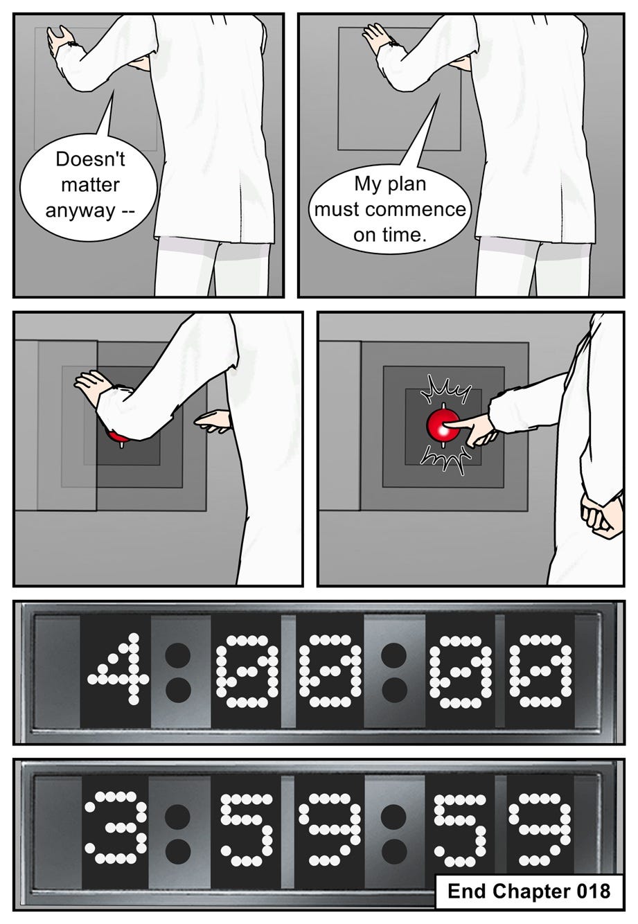 Doesn't matter anyway — my plan must commence on time. 4:00:00. 3:59:59. End Chapter 018