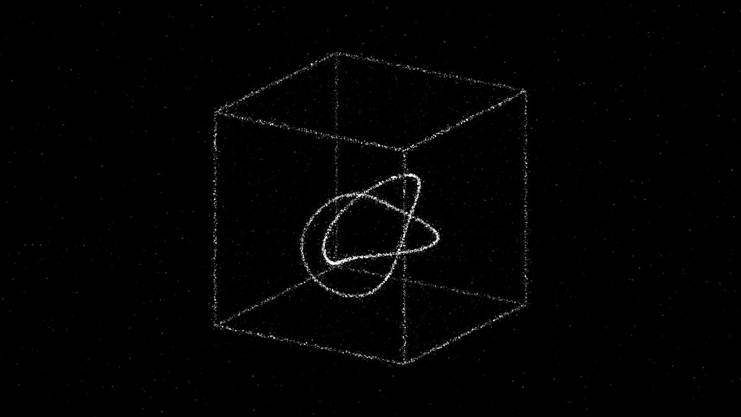 A cube of faint white stars surrounds a bright knotted loop on a black background.