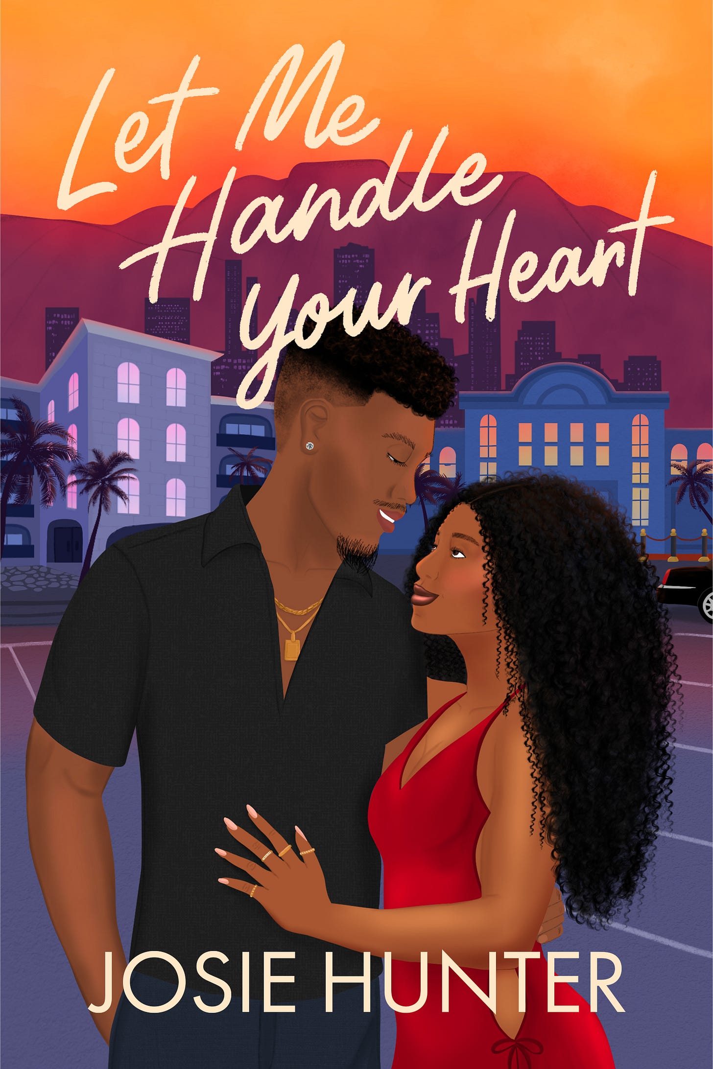 The book cover features a young Black couple, stylishly dressed, gazing lovingly at one another. They’re standing in an empty nightclub parking lot, a sunset cityscape with palm trees and mountains behind them.