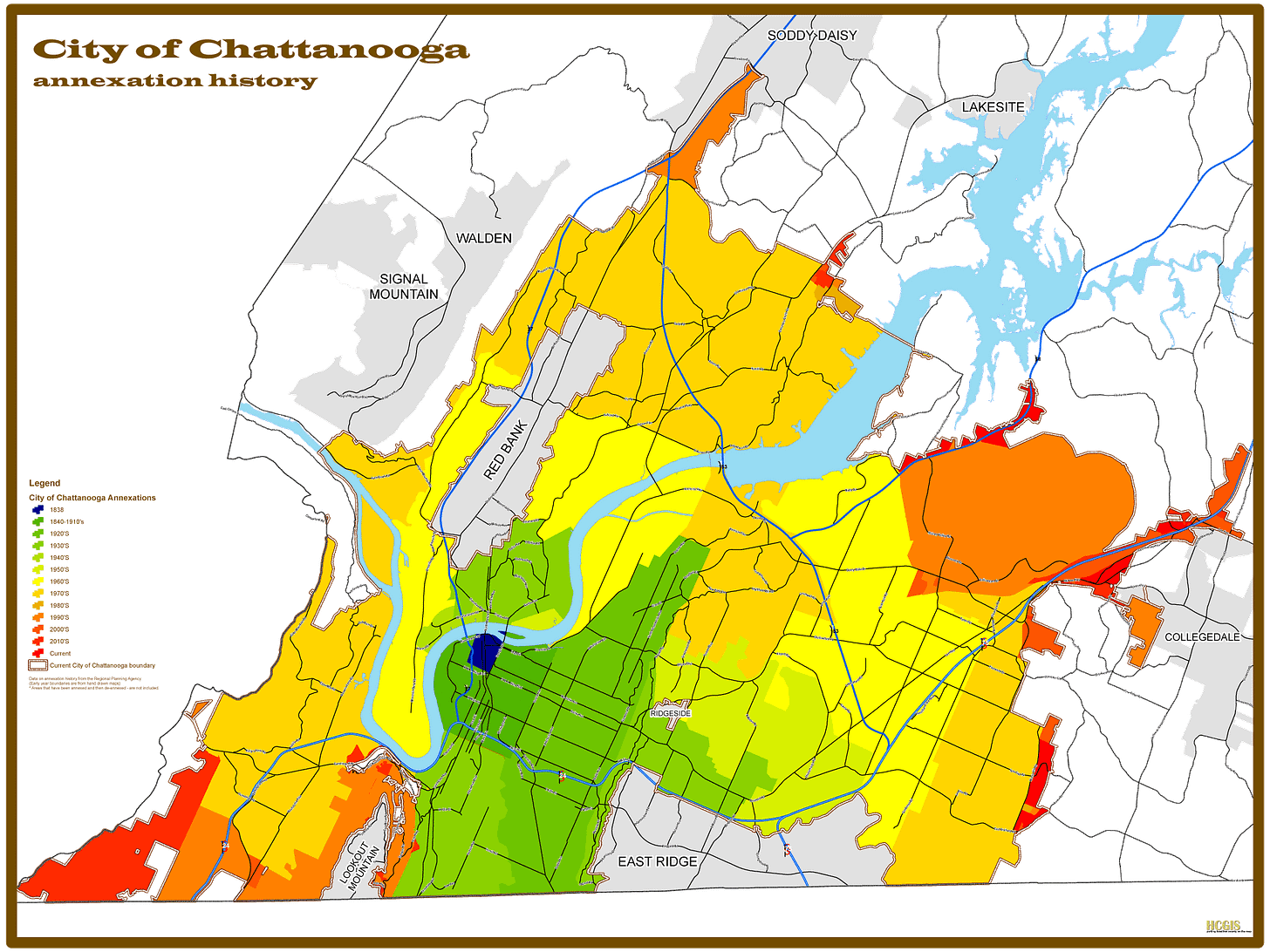 Here's a cool map I found showing the history of annexation in Chattanooga  : r/Chattanooga