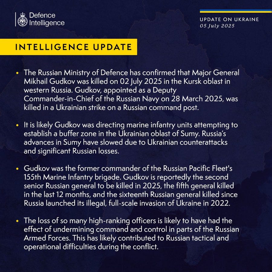 The Russian Ministry of Defence has confirmed that Major General Mikhail Gudkov was killed on 02 July 2025 in the Kursk oblast in western Russia. Gudkov, appointed as a Deputy Commander-in-Chief of the Russian Navy on 28 March 2025, was killed in a Ukrainian strike on a Russian command post. It is likely Gudkov was directing marine infantry units attempting to establish a buffer zone in the Ukrainian oblast of Sumy. Russia’s advances in Sumy have slowed due to Ukrainian counterattacks and significant Russian losses.
Gudkov was the former commander of the Russian Pacific Fleet's 155th Marine Infantry. Gudkov is reportedly the second senior Russian general to be killed in 2025, the fifth general killed in the last 12 months, and the sixteenth Russian general killed since Russia launched its illegal, full-scale invasion of Ukraine in 2022.
The loss of so many high-ranking officers is likely to have had the effect of undermining command and control in parts of the Russian Armed Forces. 