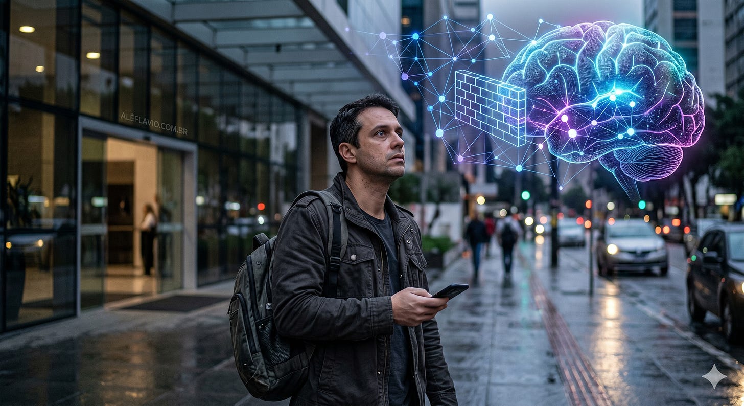 Homem pensativo na rua ao anoitecer, com projeção holográfica de cérebro. Parede de tijolos bloqueia a rede neural colorida, simbolizando limitação cognitiva.