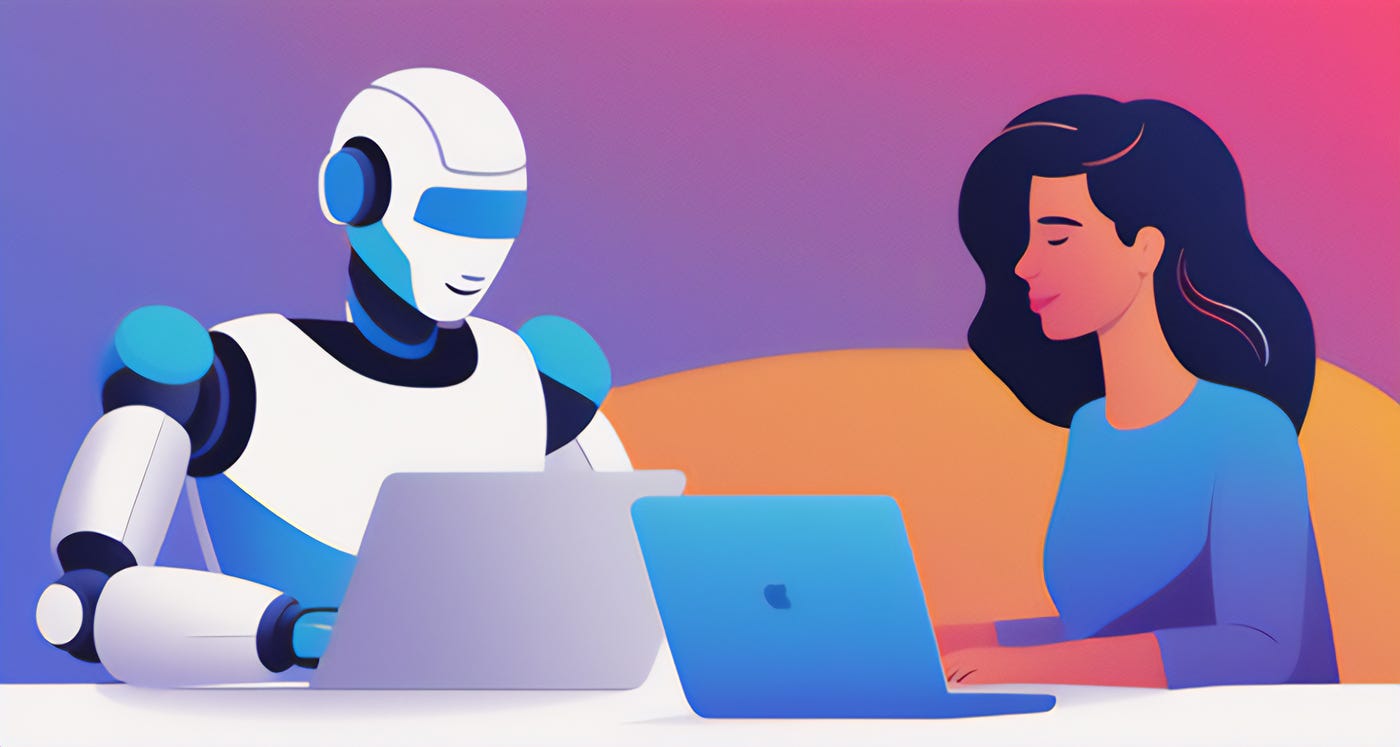 A robot and a woman sitting next to each other, both using laptops A robot and a woman sitting next to each other, both using laptops