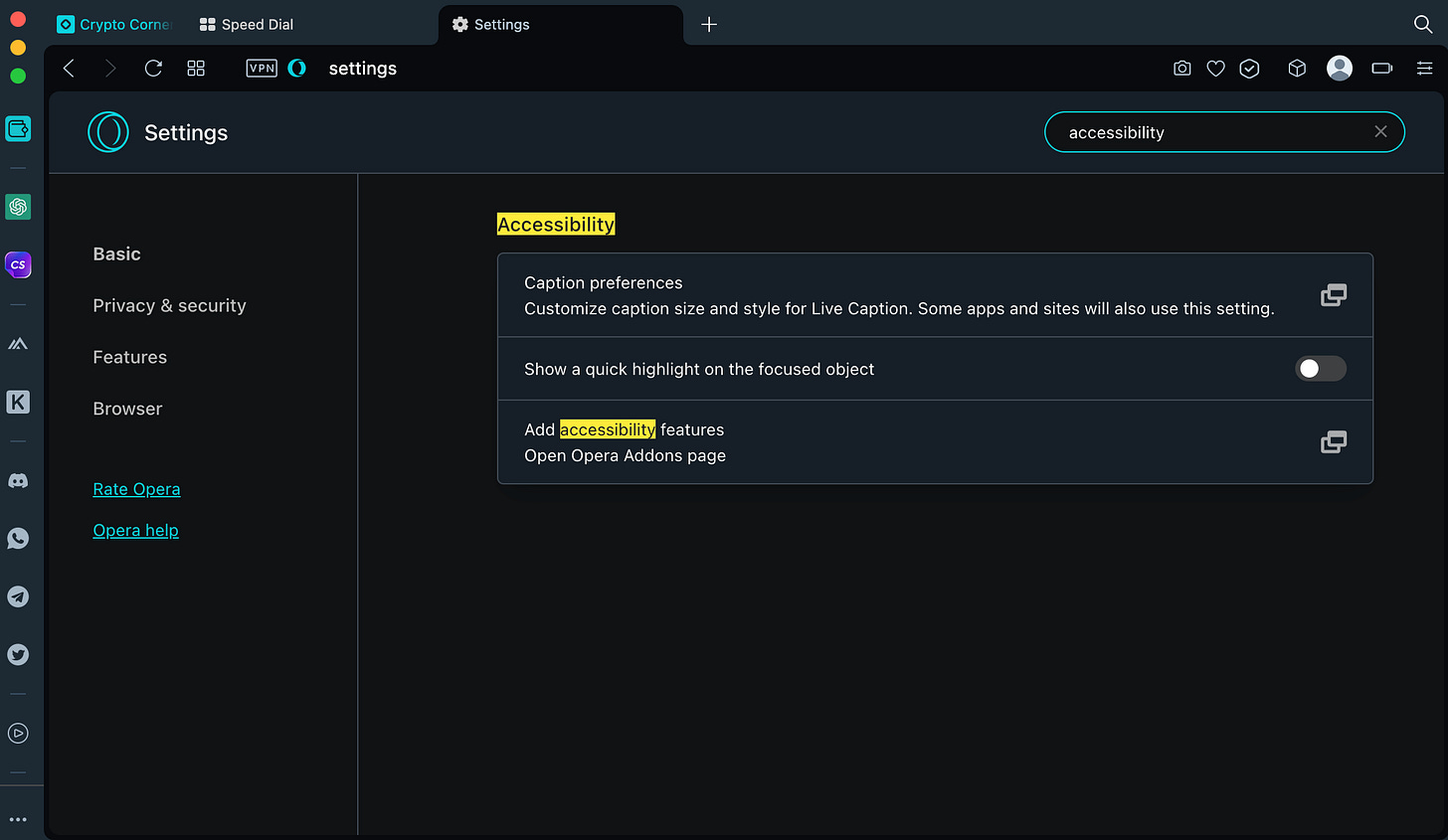 Accessibility settings in Opera Browser. Three settings are present, Caption preferences, quick highlight, and a link to their addon page.