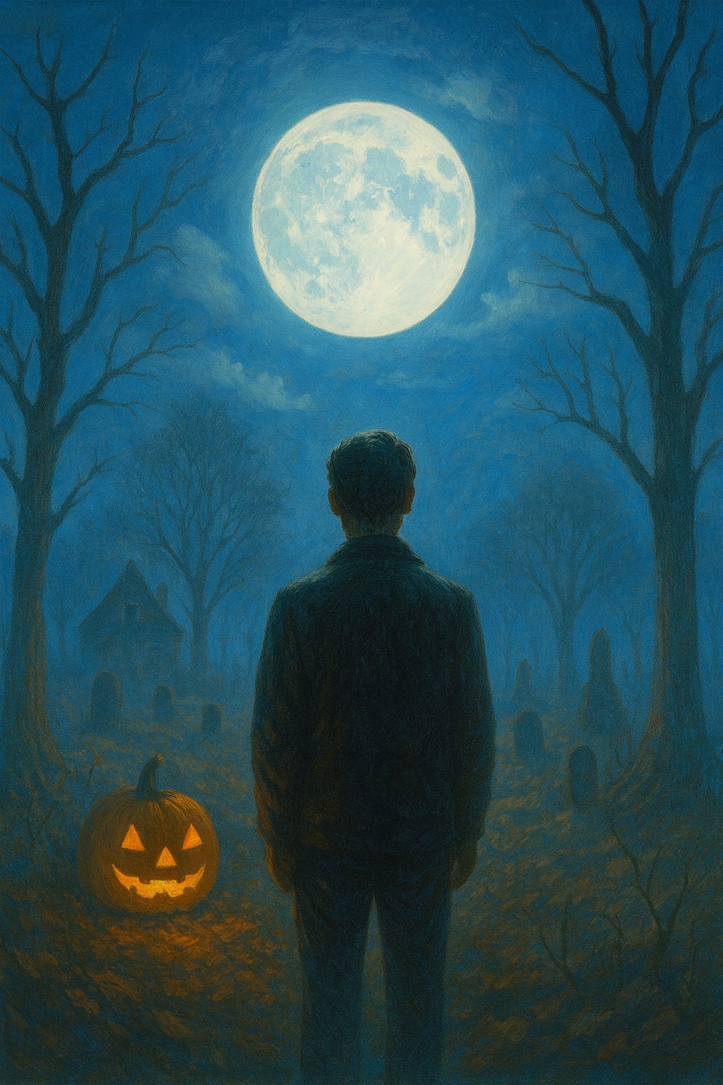 A silhouette of a person facing away at a full moon in a forest of bare trees. A jack-o-lantern is next to it.