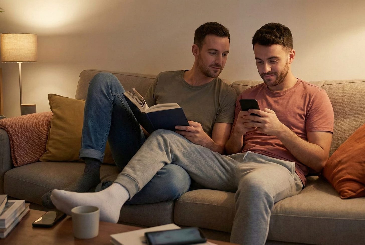 A gay couple relaxed and connected on a couch. A gay couple relaxed and connected on a couch.