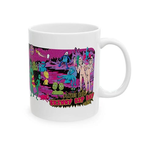 A gallery of past Planet Nude Skinny Dip Day merch featuring Zaftig Pink's previous designs. The 2024 art, a sunny, crowded beach scene of diverse nude cartoon figures, appears on a white ceramic mug and a white jersey tank. The 2025 art, a vivid purple cosmic scene of nude aliens and astronauts, appears on a white jersey tank and a white ceramic mug.
