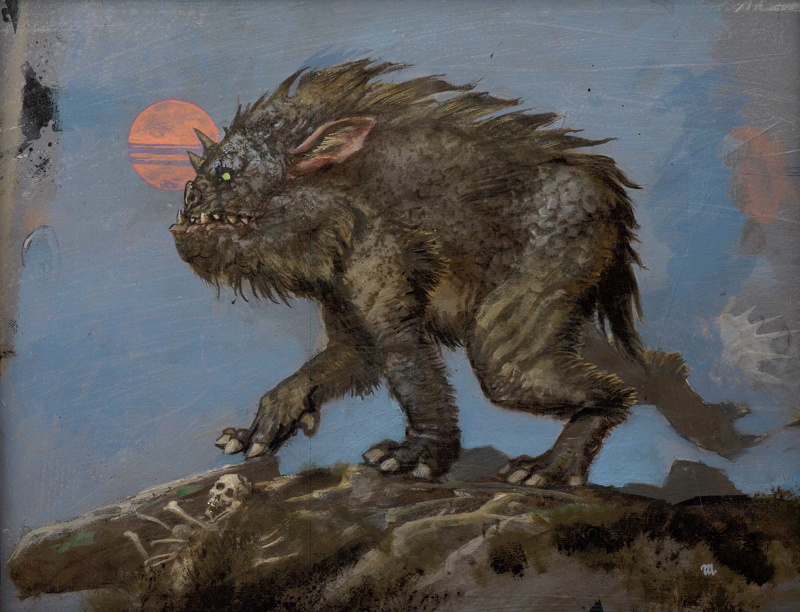 In profile, a beast pads on four legs over rocky terrain against a backdrop of pale blue. Clouds streak across a full, salmon pink moon pierced by the two short spikes on its forehead. It has a snub nose, seemingly sniffing the night air, and a pronounced underbite laced sharp teeth while its mouth is pressed closed. The head slopes back continuing with tufts of fur forming a ridge as it sticks up along its back. It has long ears that come to a point and lie flat instead of sticking up. Similarly its short tail points straight down to the ground rather than extending out. At its feet lie skeletal remains including a human skull. In profile, a beast pads on four legs over rocky terrain against a backdrop of pale blue. Clouds streak across a full, salmon pink moon pierced by the two short spikes on its forehead. It has a snub nose, seemingly sniffing the night air, and a pronounced underbite laced sharp teeth while its mouth is pressed closed. The head slopes back continuing with tufts of fur forming a ridge as it sticks up along its back. It has long ears that come to a point and lie flat instead of sticking up. Similarly its short tail points straight down to the ground rather than extending out. At its feet lie skeletal remains including a human skull.