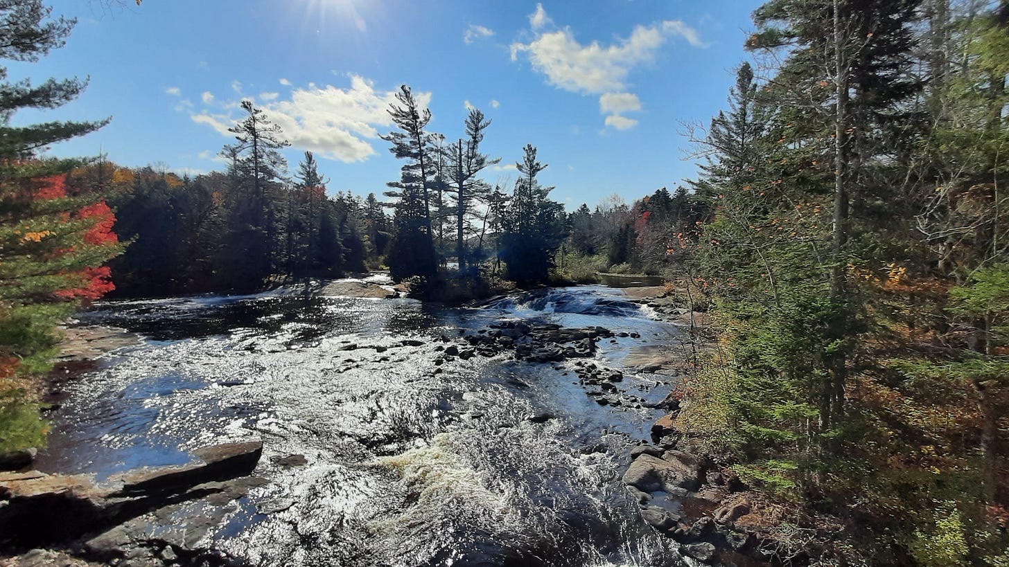 Bog River Falls waterfalls with sun shining and some bright red fall foliage