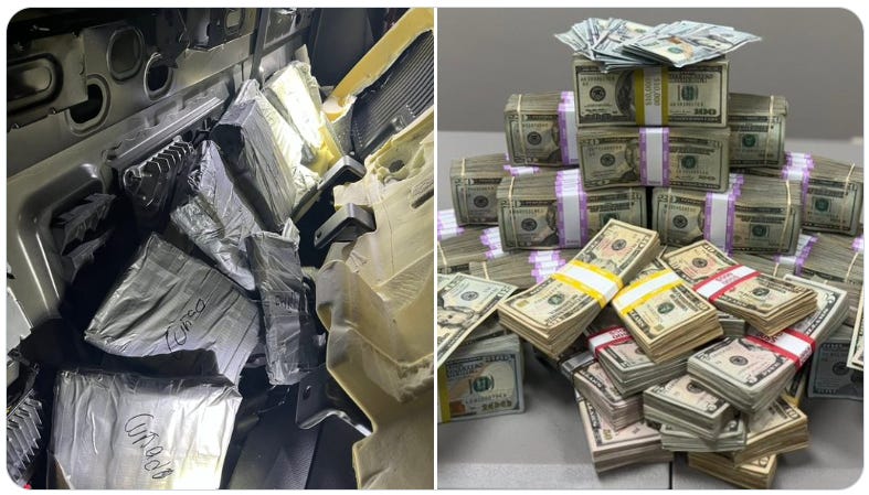 Vacuum-sealed bundles containing $227,398 were found hidden throughout a Mexico-bound vehicle stopped by a South Texas Task Force Agent on May 6, 2026. (South Texas Task Force photos)
