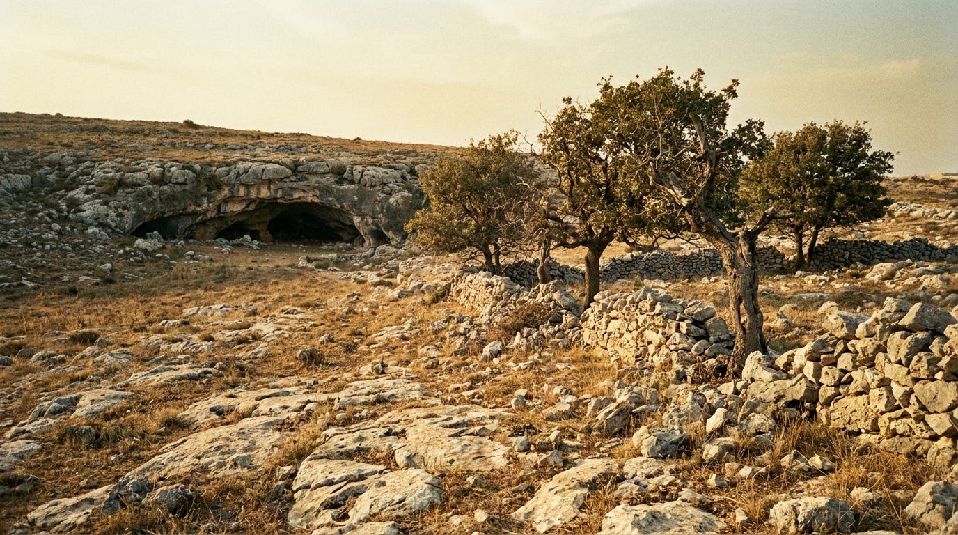 A low limestone cave mouth at the end of a dry field near Hebron in late afternoon light, a few old oak trees along a stone boundary wall, no people, no faces, no text