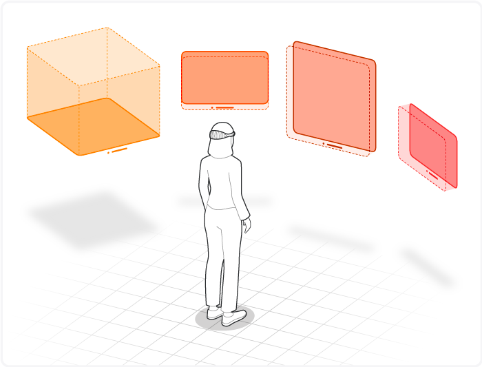 An illustration that shows a person wearing Apple Vision Pro and looking at three windows and a volume in the space in front of them.