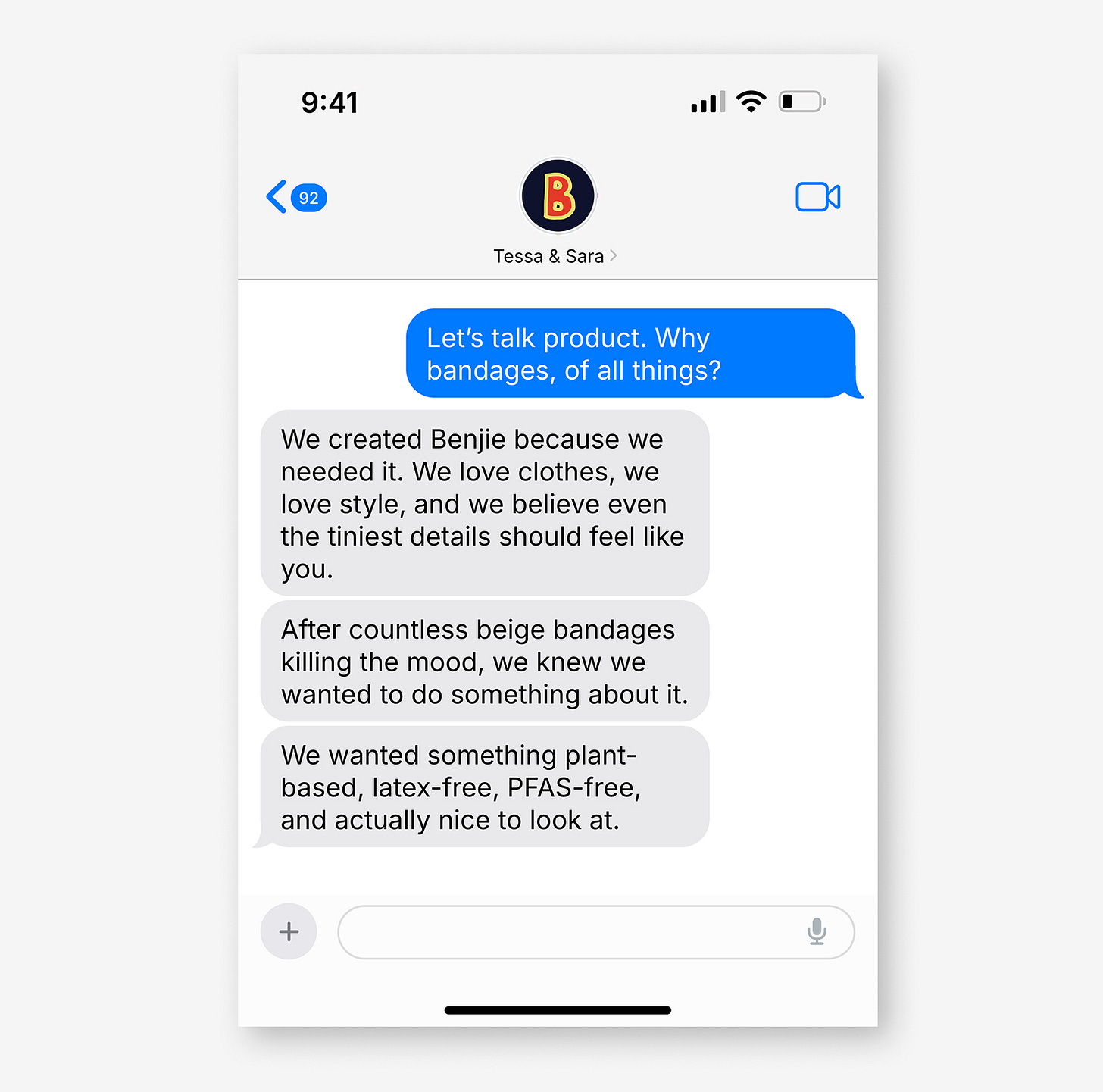 iPhone text conversation with Benjie founders explaining they created plant-based, latex-free, PFAS-free bandages that fit their style.