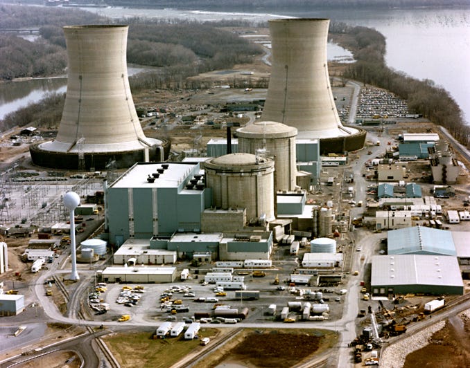Color photograph of the Three Mile Island nuclear generating station, which suffered a partial meltdown in 1979. The reactors are in the smaller domes with rounded tops (the large smokestacks are just cooling towers). Color photograph of the Three Mile Island nuclear generating station, which suffered a partial meltdown in 1979. The reactors are in the smaller domes with rounded tops (the large smokestacks are just cooling towers).
