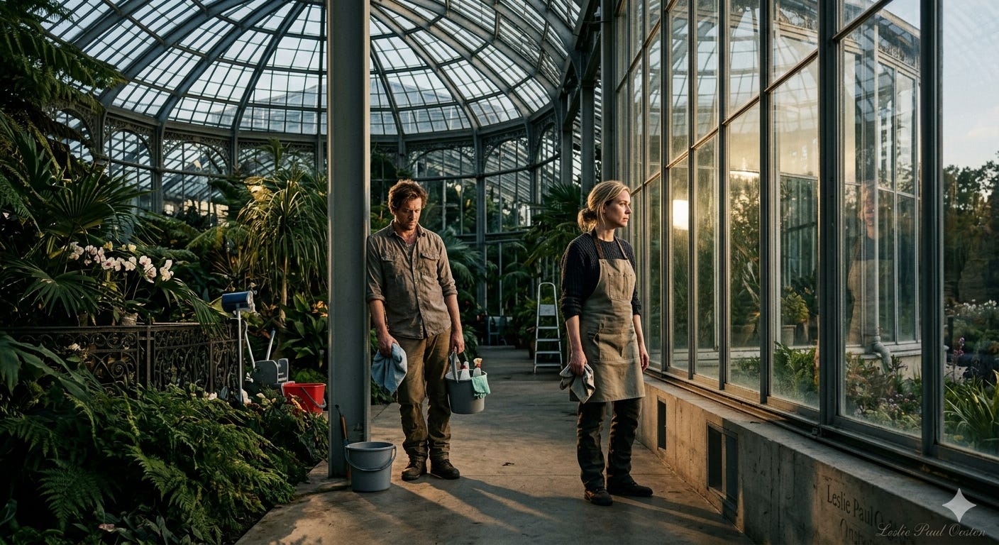 A man and a woman in work clothes and aprons stand inside a massive, historic glass greenhouse filled with lush tropical plants. They hold cleaning cloths and buckets, looking tired and reflective as golden evening light streams through the glass panes. A man and a woman in work clothes and aprons stand inside a massive, historic glass greenhouse filled with lush tropical plants. They hold cleaning cloths and buckets, looking tired and reflective as golden evening light streams through the glass panes.
