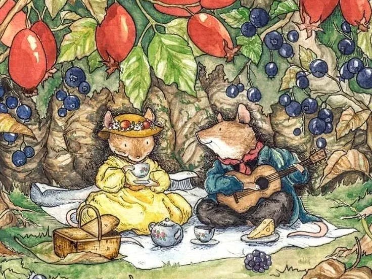 This may contain: two mice sitting on the ground in front of a tree with berries and blueberries