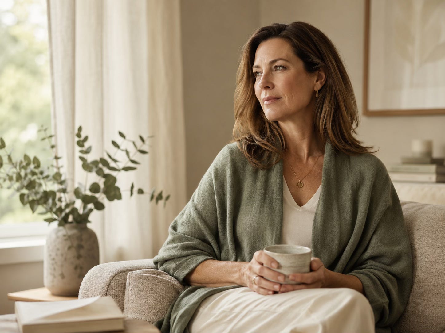 Thoughtful woman sitting quietly by a window, reflecting with calm and gentle awareness.