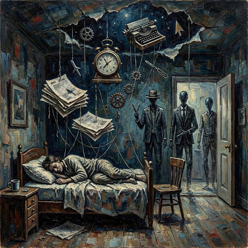 A mystical painting style image of a night of bad dreams of incompetency. 
