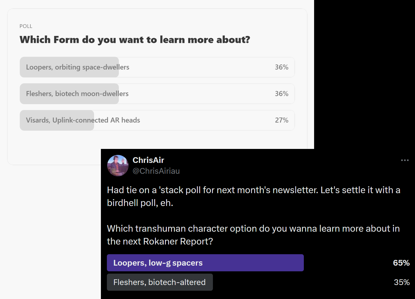 Two polls with the question “Which Form do you want to learn more about?” The upper-left Substack poll ties Fleshers and Loopers at 36%, with Visards in third. The lower-right Twitter poll has Loopers beating Fleshers 65% to 35%.