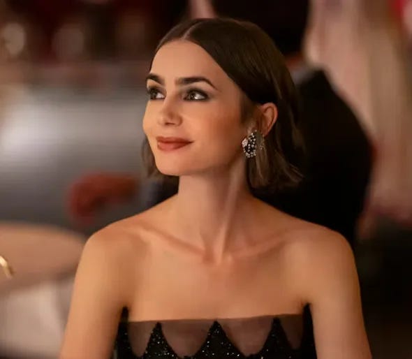 Two side by side gallery images of Emily Cooper, Lily Collins' charachter from Emily In Paris. The first from Season 1 the second is Season 5 and they show the difference in her hair make and makeup look.