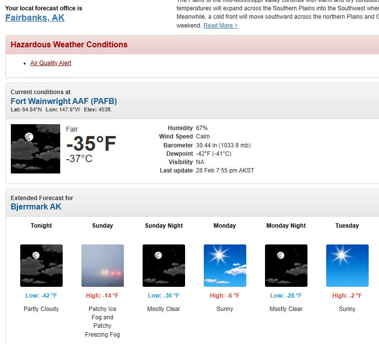 Screenshot of the National Weather Service forecast page for Fairbanks, Alaska dated February 28, 2026. Current conditions at Fort Wainwright show -35°F (-37°C), calm winds, and 67% humidity. The extended forecast shows lows of -42°F tonight and -36°F Sunday night, with highs of -14°F Sunday and -6°F Monday. An Air Quality Alert is listed under Hazardous Weather Conditions.