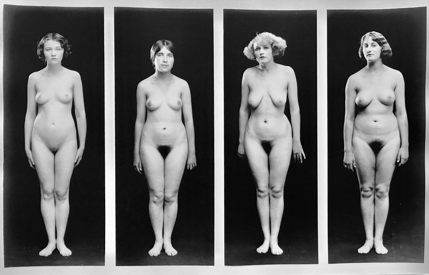 Alt text: "Four full-length frontal photographs of nude female figures against black backgrounds, arranged in a grid from Albert Arthur Allen's early 1900s body-type classification system.
