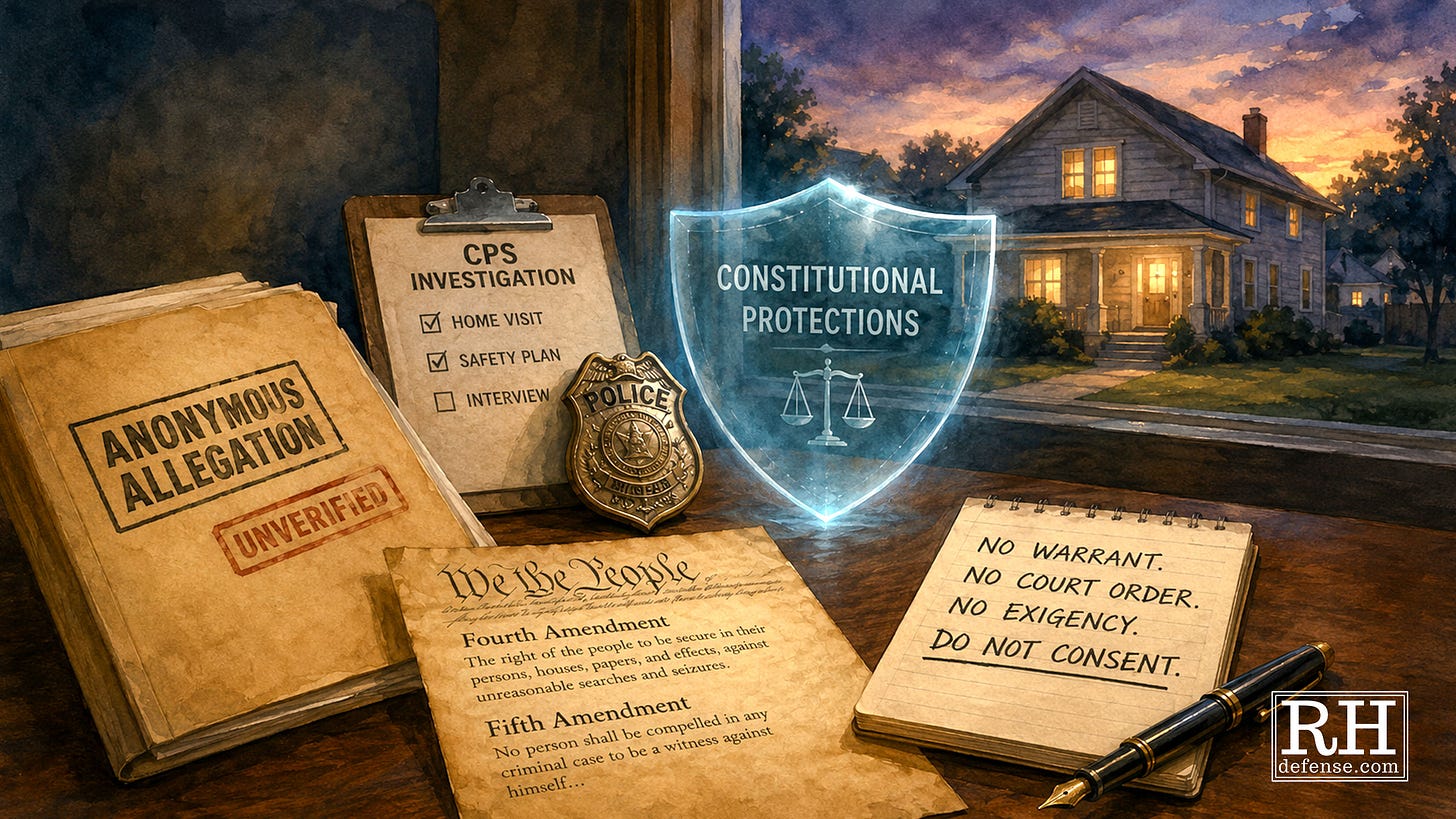 An anonymous, unverified CPS allegation file sits beside a police badge, a CPS investigation clipboard, Fourth and Fifth Amendment parchment, and a handwritten note reading “No warrant. No court order. No exigency. Do not consent,” with a glowing constitutional-protections shield standing between the paperwork and a family home at dusk.