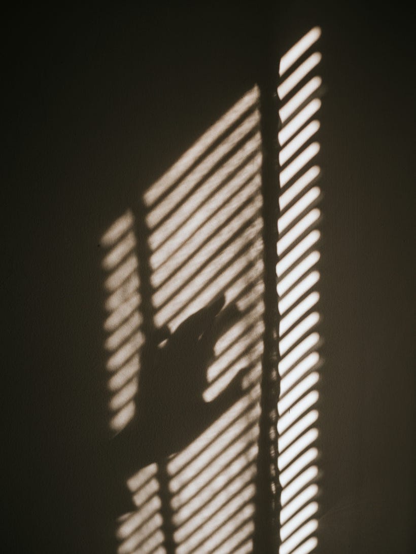 A shadow on the wall of a hand touching window blinds, through which sunlight is shining in a way reminiscent of film noir images. A shadow on the wall of a hand touching window blinds, through which sunlight is shining in a way reminiscent of film noir images.