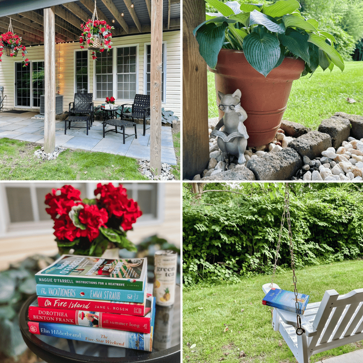 collage of photos of backyard reading nook.