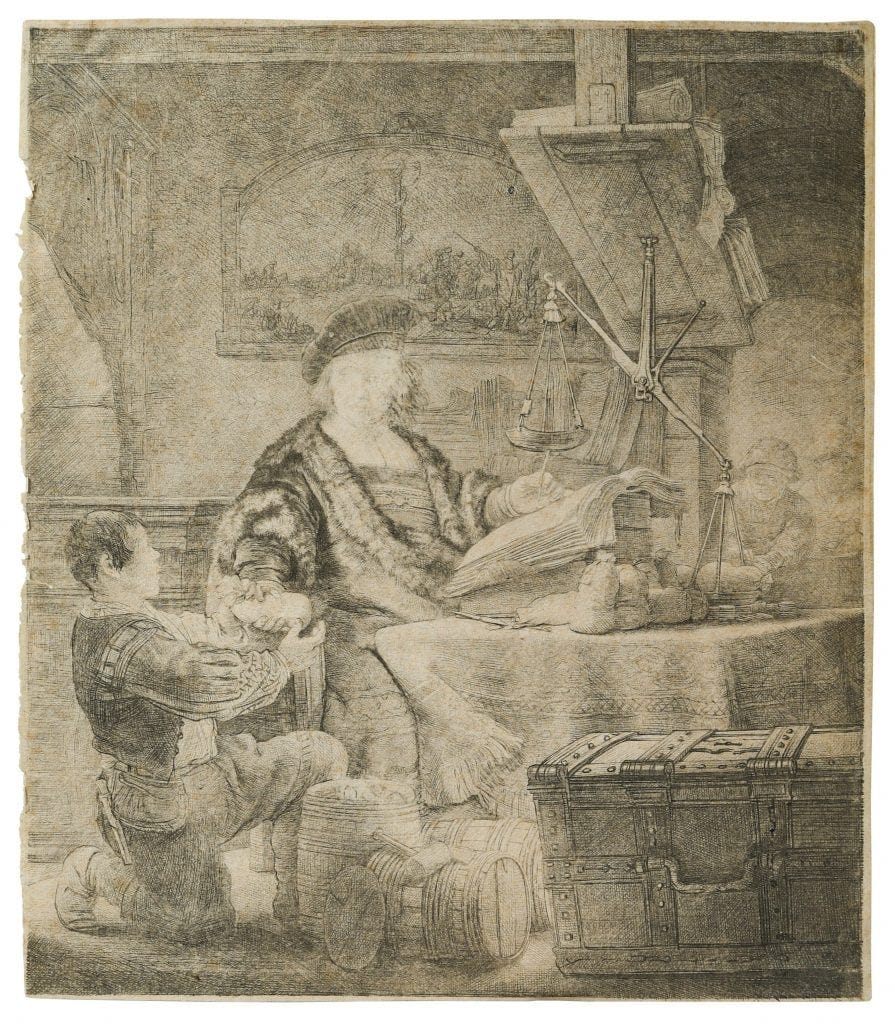 a print of a man handing money to a boy Rembrandt