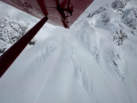 Three views of mountains near Denali from Talkeetna Air Taxi plane.