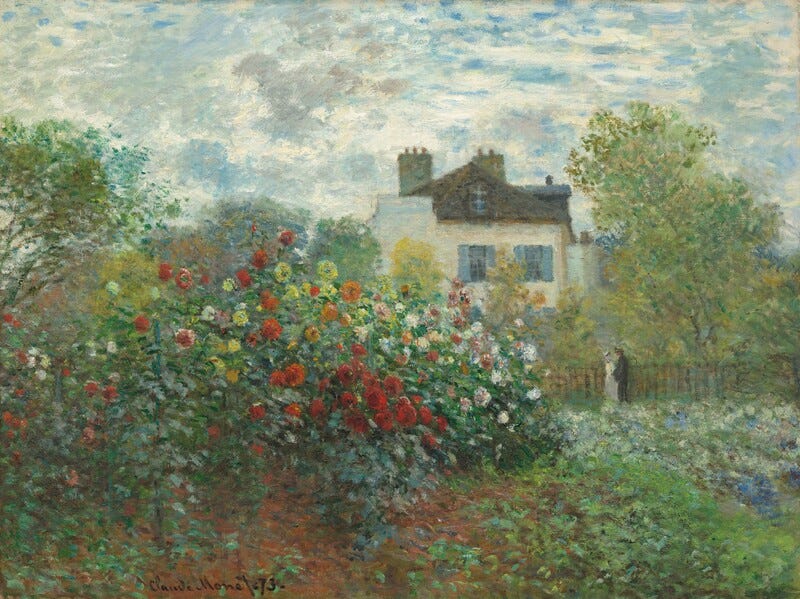 a painting of flowers in a garden with a house in the background a painting of flowers in a garden with a house in the background