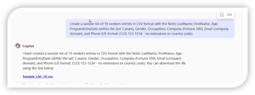 An image of Copilot generating random test data for testing purposes. The image includes a table with sample data entries An image of Copilot generating random test data for testing purposes. The image includes a table with sample data entries