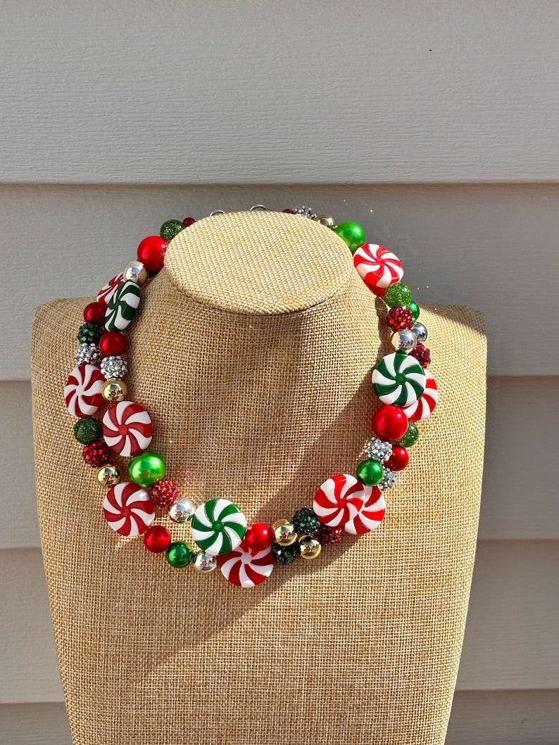 Christmas Peppermint Candy Necklace / Green Silver Gold Red / Holiday Jewelry / Fun Nostalgic Party Kids Adults Whimsical Retro Rhinestone image 1
