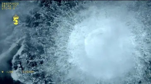 Swedish Coast Guard A screen grab from Danish Defense shows a gas leak causes bubbles on the surface of the water at Sea in Sweden on September 30, 2022