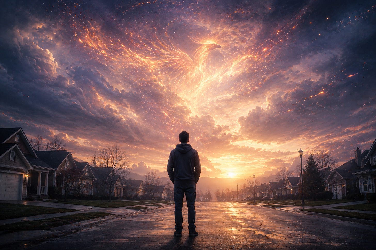 A lone figure standing in a quiet suburban neighborhood at dawn beneath expansive skies with the outline of a Phoenix beginning to take shape.